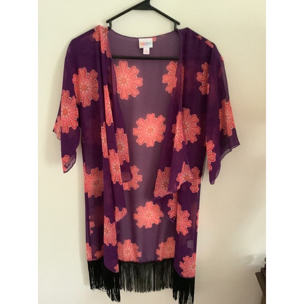 LulaRoe Monroe Purple & Pink Fringe Sheer Chiffon Kimono Size S nwt